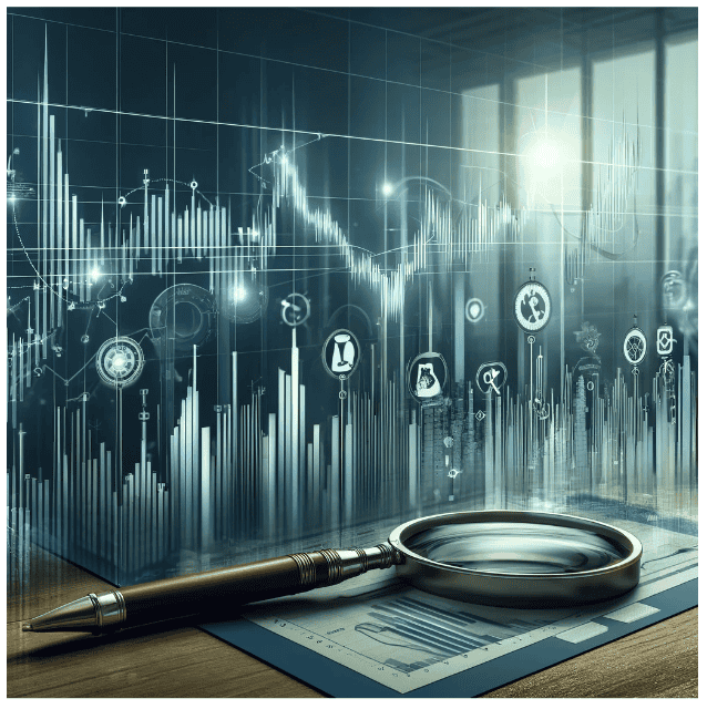 A magnifying glass on a desk with a chart.